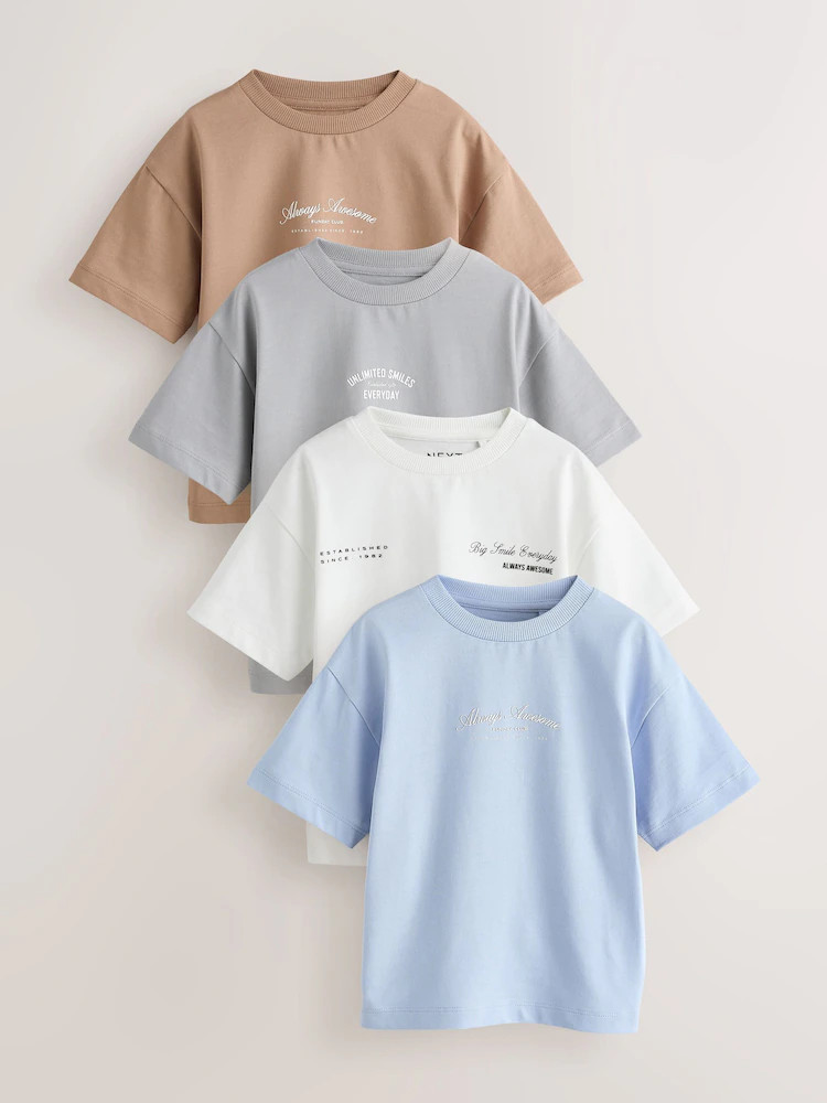 Grey/Brown/Blue/White Slogan Short Sleeve Graphic T-Shirts 4 Pack (3mths-7yrs) | Next US