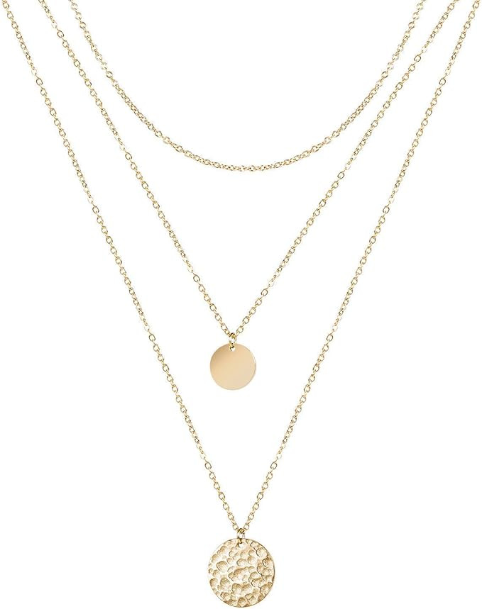 Dainty Layered Choker Necklace, Handmade 14K Gold Plated Y Pendant Necklace Multilayer Bar Disc N... | Amazon (US)