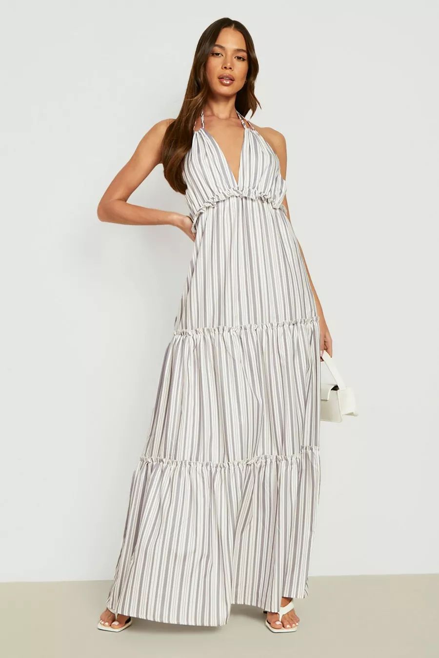 Stripe Strappy Halterneck Tiered Maxi Dress | Boohoo.com (US & CA)
