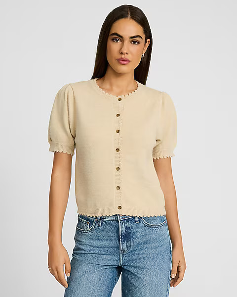 Crew Neck Scalloped Hem Short Sleeve Cardigan | Express