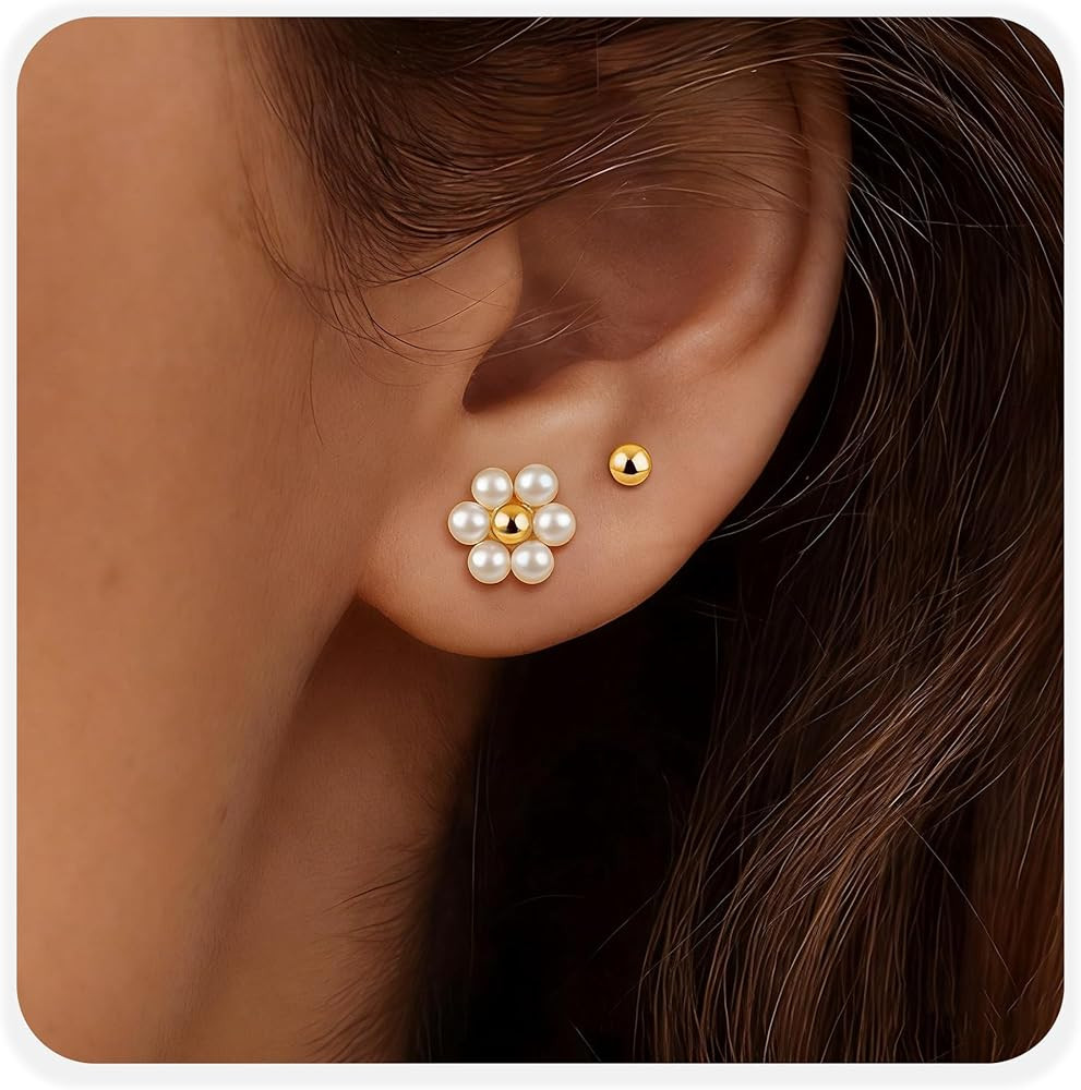 SmileBelle 2 Pairs Daisy Bow Gold Earrings Set for Women, Pearl Bow Earring for Women X Minimalis... | Amazon (US)