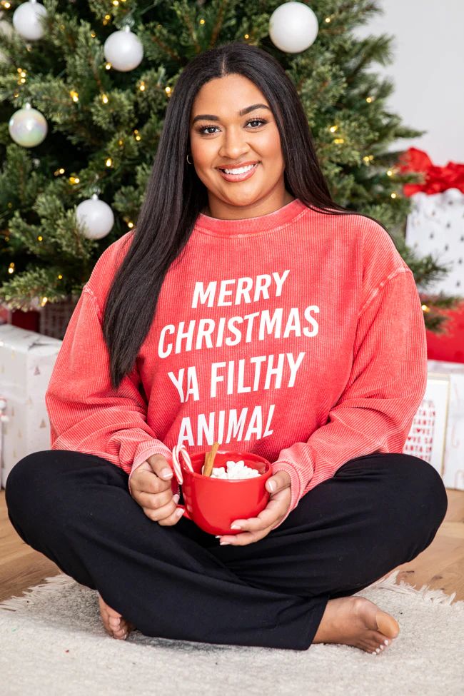 Merry Christmas Ya Filthy Animal Red Corded Graphic Sweatshirt | Pink Lily