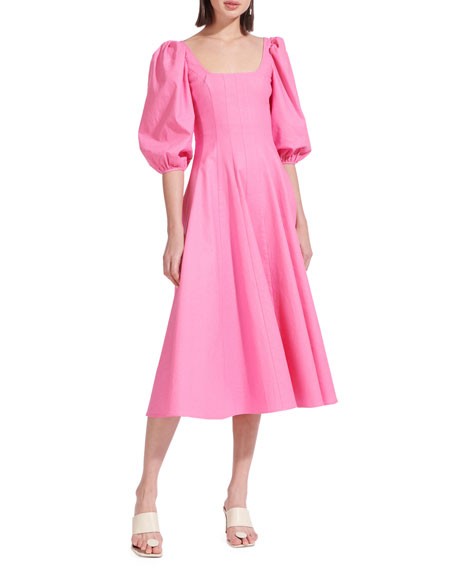 Swells Puff-Sleeve Midi Dress | Neiman Marcus