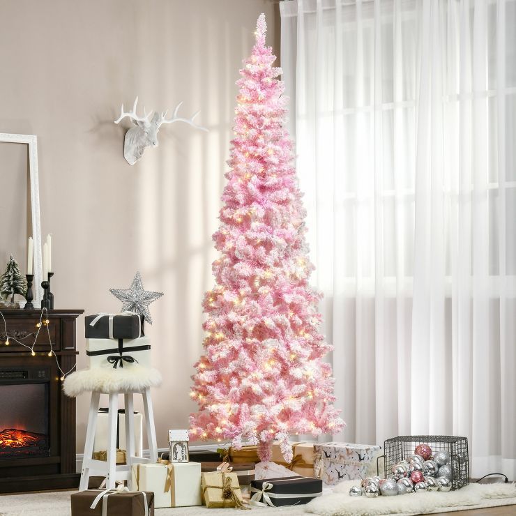 HOMCOM 6/7.5 Foot Prelit Snow Flocked Artificial Christmas Tree with Pencil Shape, Pine Realistic... | Target
