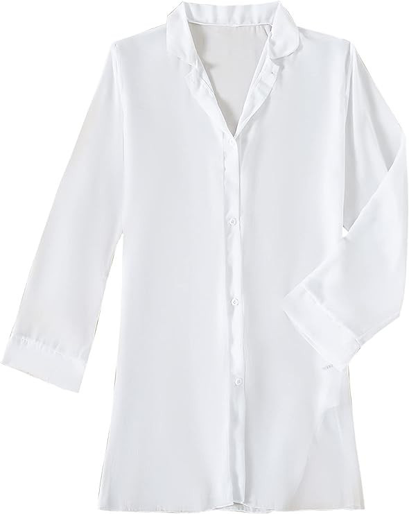 SheIn Women's Sheer Button Front Cover Up Long Sleeve Mesh Solid Blouse Top Kimono | Amazon (US)