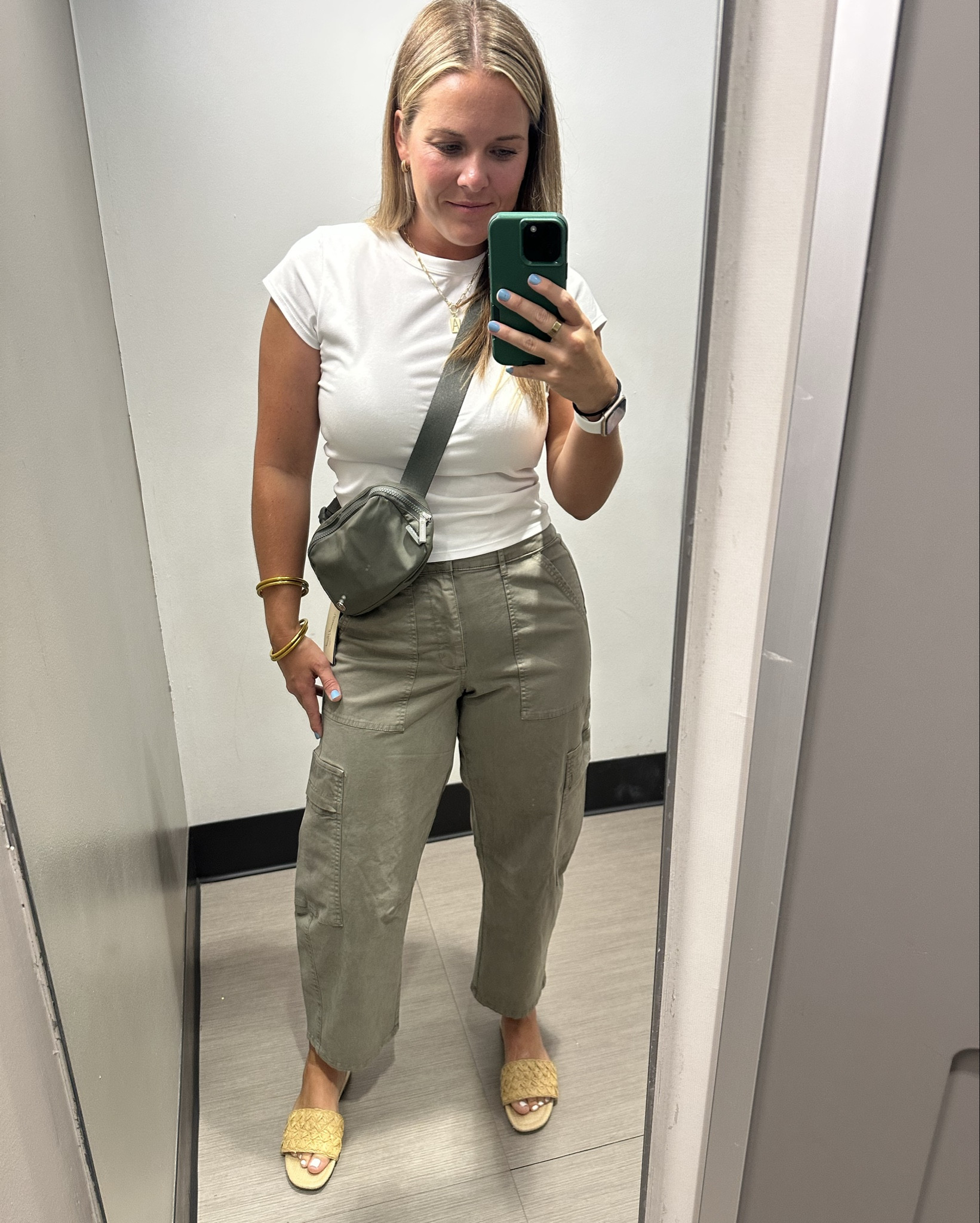 basic white tee, olive green pants, casual, sandals

Shirt-small
Pants-10
Sandals-8.5