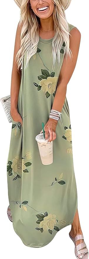 ANRABESS Women Casual Loose Sundress Sleeveless Split Maxi Long Beach Shirt Dress Travel Vacation... | Amazon (US)