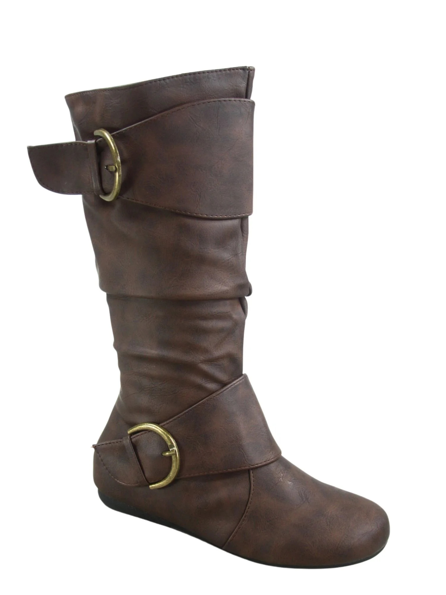 Zone 80 Women's Faux Leather Zipper Buckle Slouch Casual Flat Heel Mid Calf Round Toe Boots ( Bro... | Walmart (US)