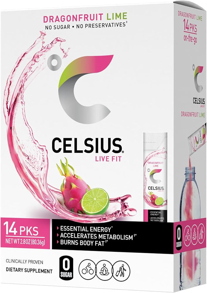 CELSIUS Dragonfruit Lime On-the-Go Powder Stick Packs, Zero Sugar 14 Count(Pack of 1) | Amazon (US)