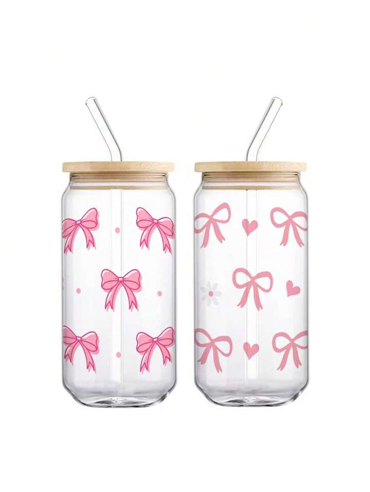 1pc18oz, Halloween,Pink Butterfly Bow, Cute Glass Water Cup With Bamboo Lid Straw, For Many Seaso... | SHEIN