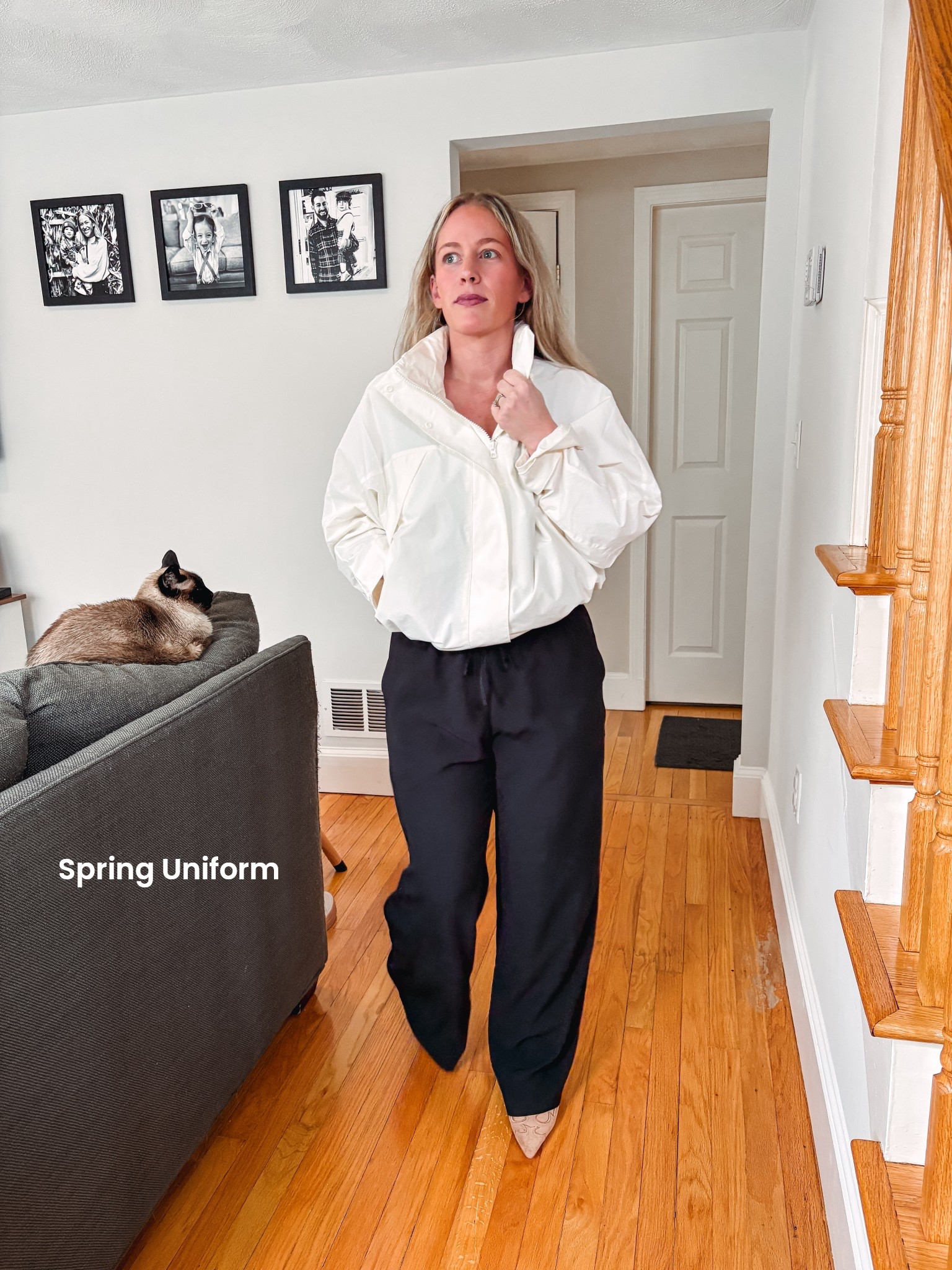 White windbreaker. Wearing XS! 
Flowy black wide leg pants. These are comfortable and soooo flattering. TTS or run slightly large. 
Tan suede kitten heel mules-actually comfortable! 

#LTKPetite #LTKootd #LTKSaleAlert