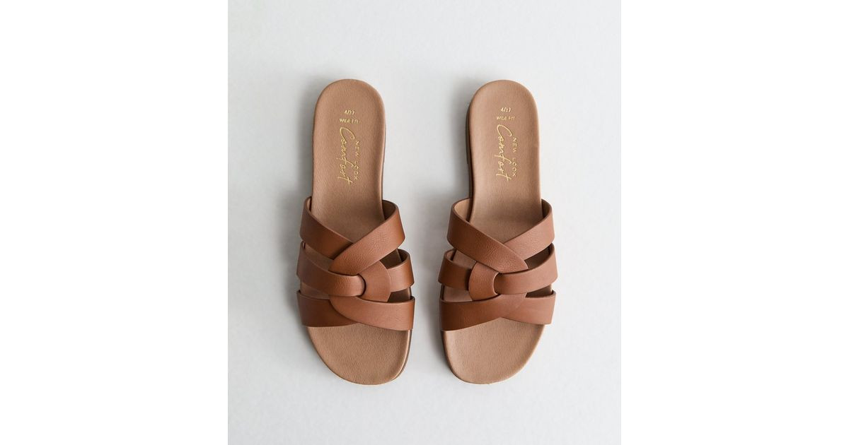Wide Fit Tan Faux Leather Interwoven Straps Mule Sandals | New Look | New Look (UK)