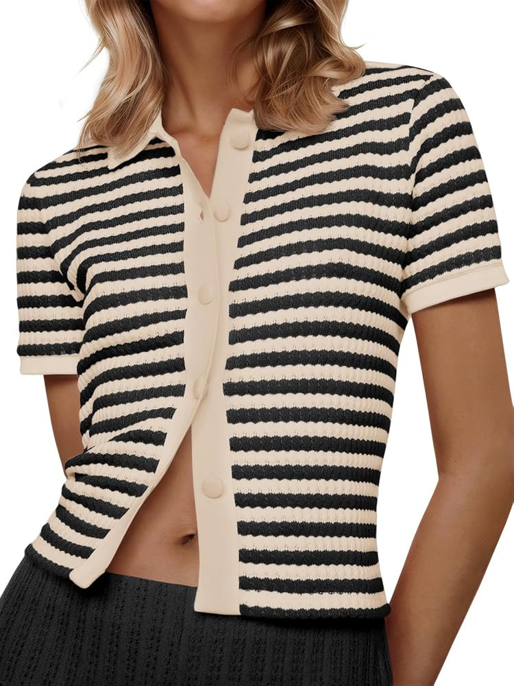 Saodimallsu Womens Striped Short Sleeve Sweater Tops Polo Collared Button Crochet Summer Cropped ... | Amazon (US)