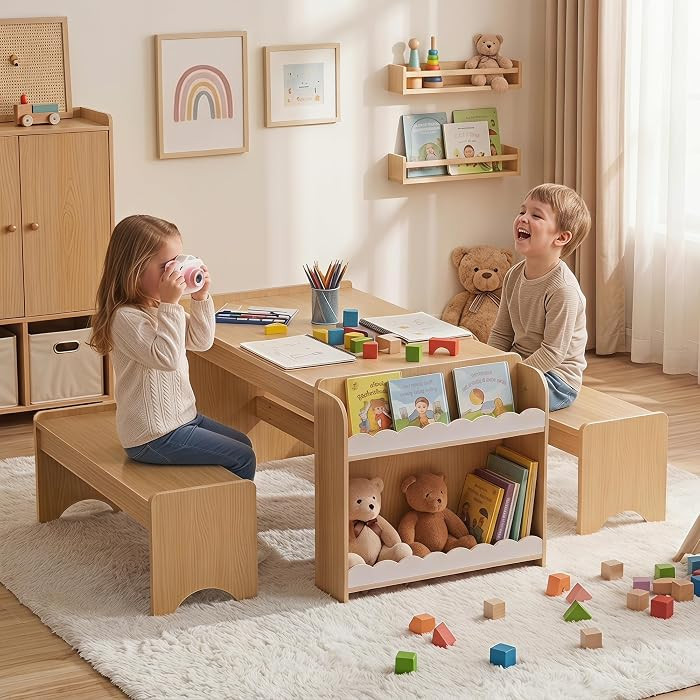 Kids Table and Bench Set, Montessori Kids Table and Chair Set, Indoor Wooden Toddler Activity Tab... | Amazon (US)