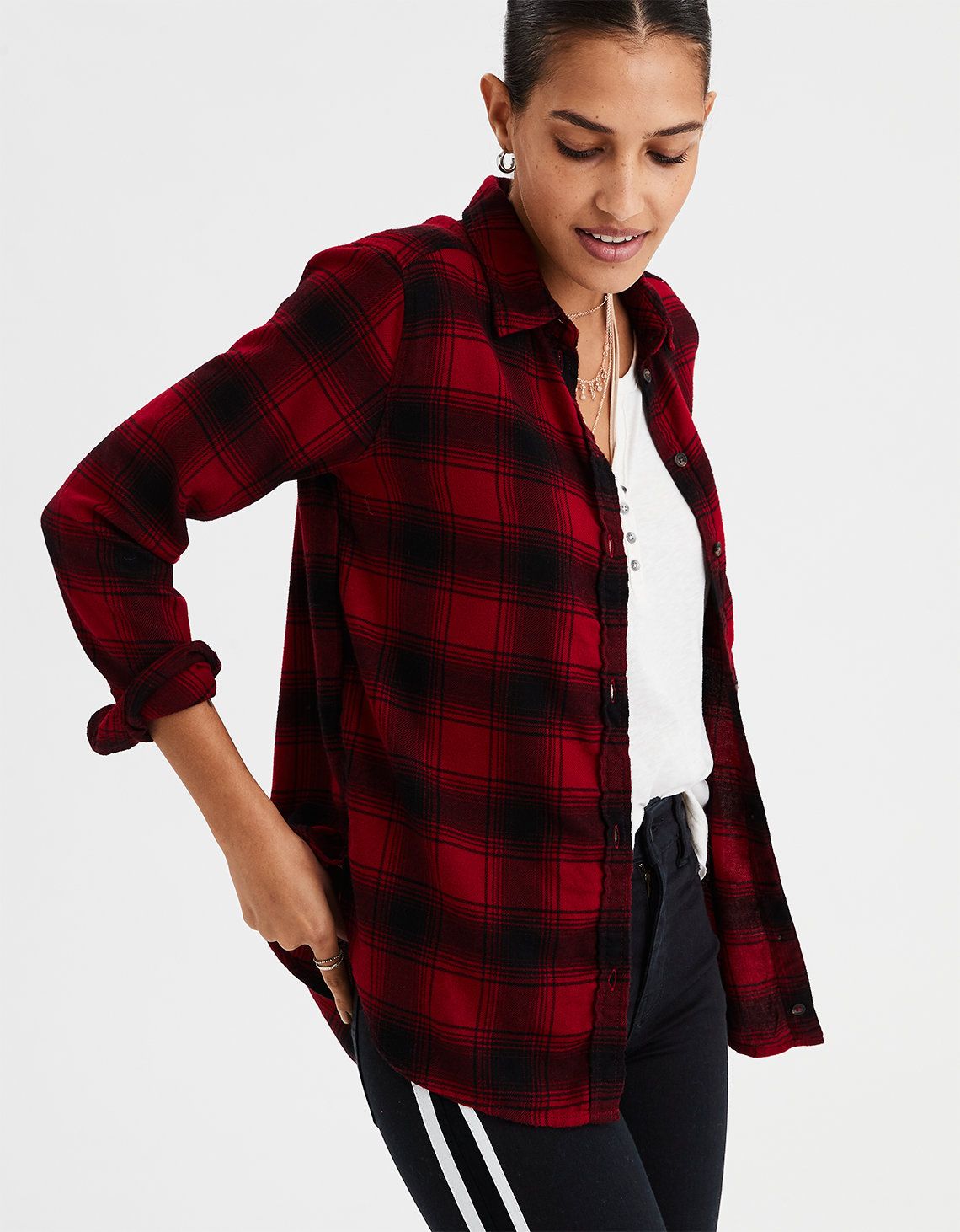 AE Ahhmazingly Soft Flannel Boyfriend Shirt, Red | American Eagle Outfitters (US & CA)