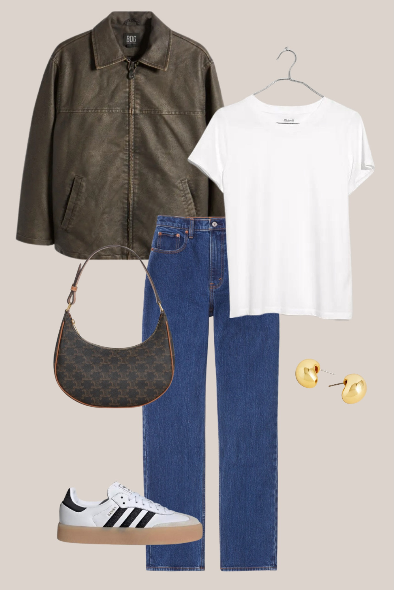 Transitional spring outfit. Featuring a leather jacket, white tee, and samba sneakers. The perfect outfit that will pair well with goal accents. 

Perfect for a casual day, on the go, running errands, or a fun night out! 

#LTKfindsunder100 #LTKitbag #LTKSpringSale