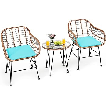Tangkula 3 Pieces Patio Conversation Bistro Set, Outdoor Wicker Furniture w/Round Tempered Glass ... | Amazon (US)