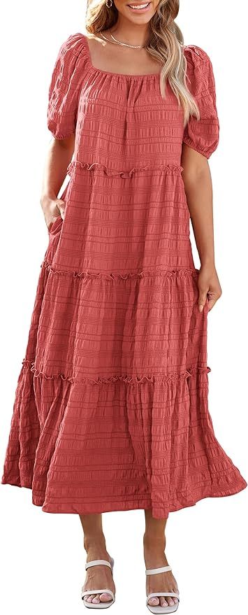 PRETTYGARDEN Womens Casual Maxi Dresses Summer Short Sleeve Off The Shoulder Ruffle Tiered Flowy ... | Amazon (US)