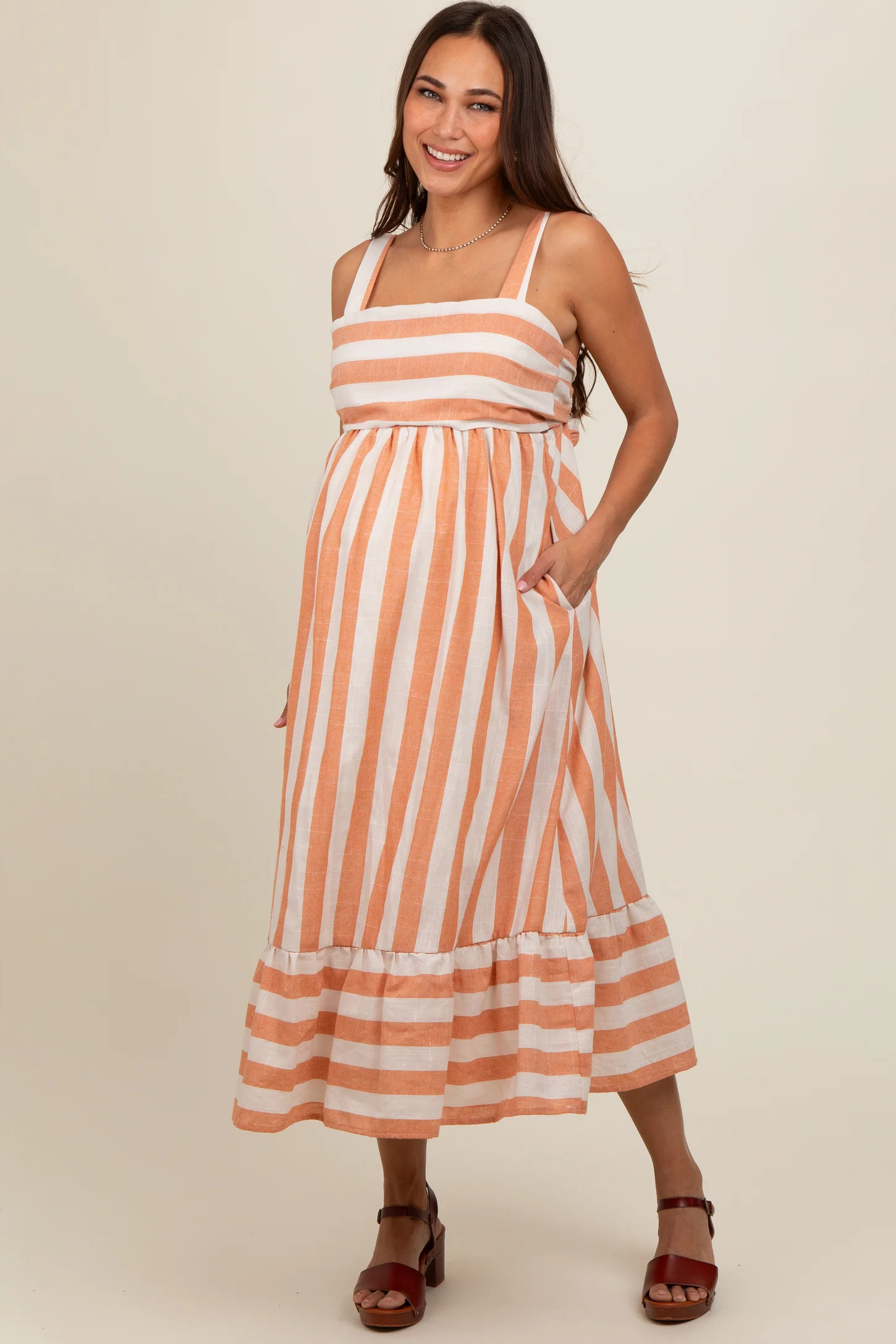 Orange Linen Striped Tie Back Maternity Midi Dress | PinkBlush Maternity