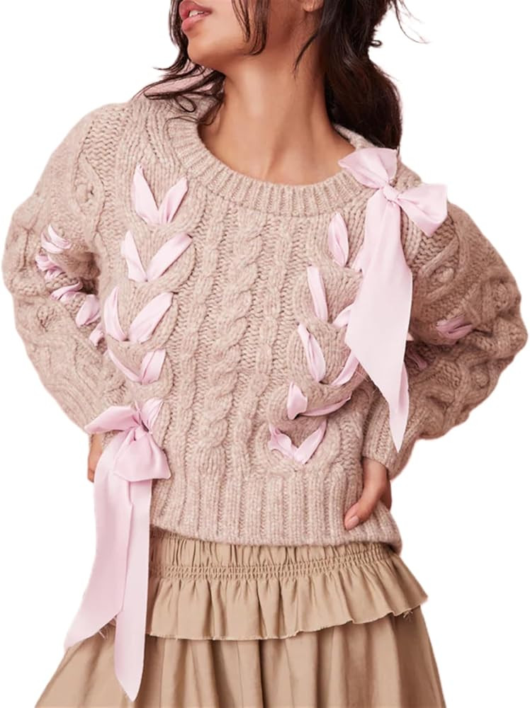 Women Cute Ribbon Lace Up Bow Knit Sweater Y2k Fairy Grunge Loose Fit Pullover Knitted Jumper Vin... | Amazon (US)