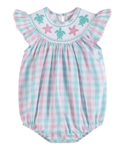 Lil Cactus Pink & Turquoise Gingham Appliqué Smocked Angel-Sleeve Bodysuit - Infant & Toddler | Zulily