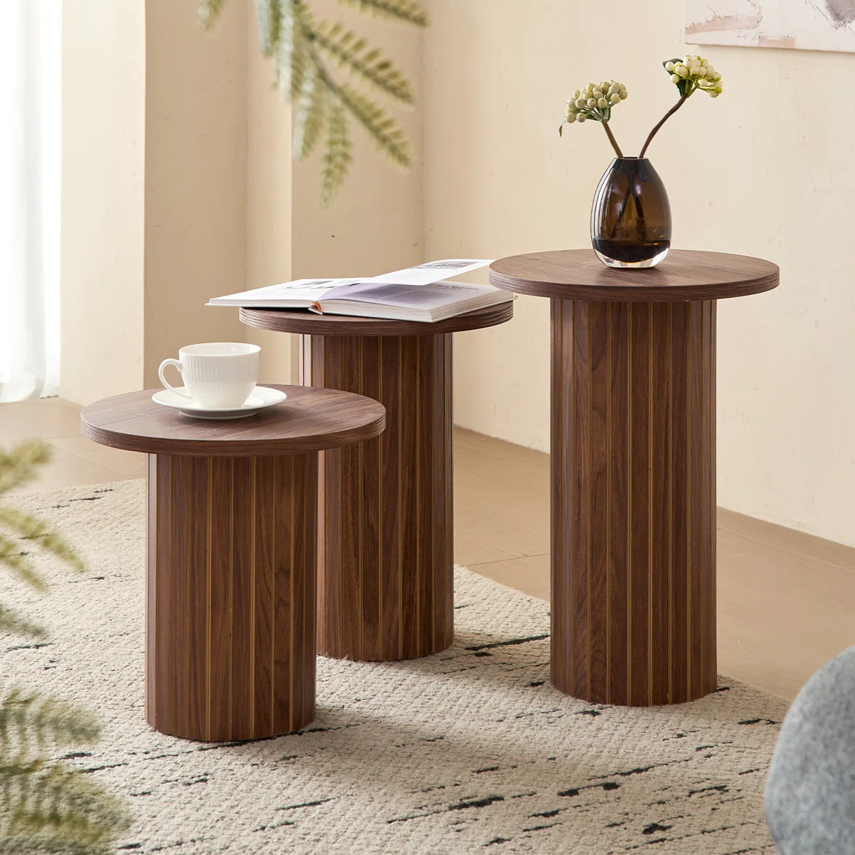 3-Piece Nesting Coffee Table Set, Round Wood Side Tables, Fluted Drum Base, For Living Room, Bedr... | Wayfair North America