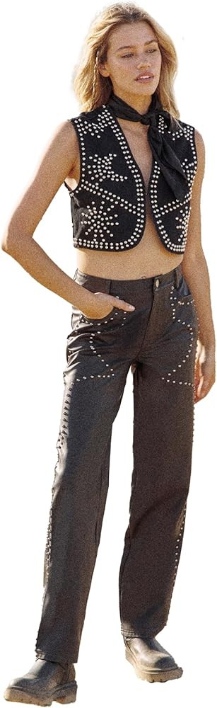 Nasty Gal Women's Faux Leather Studded Straight Leg Trouser | Amazon (US)
