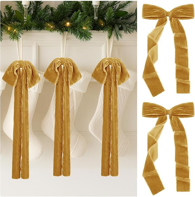 8 Pcs Christmas Velvet Ribbon Bows Large Fringe Holiday Tree Topper Vintage Raw Edge Bow for Chri... | Amazon (US)