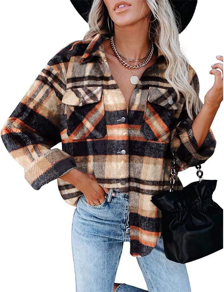 Women Classic Flannel Plaid Jacket Button Down Boyfriend Long Sleeve Lapel Shirts Casual Blouses Top | Amazon (US)