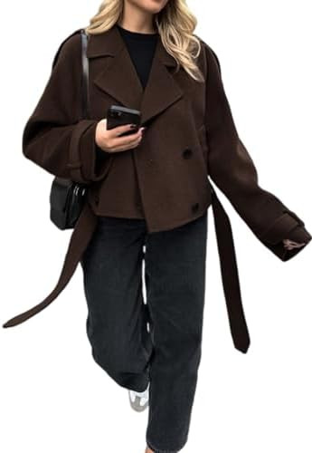 utcoco Womens Cropped Wool Coats Belted Double Breasted Pea Coat Short Jacket Notched Lapel Trenc... | Amazon (US)