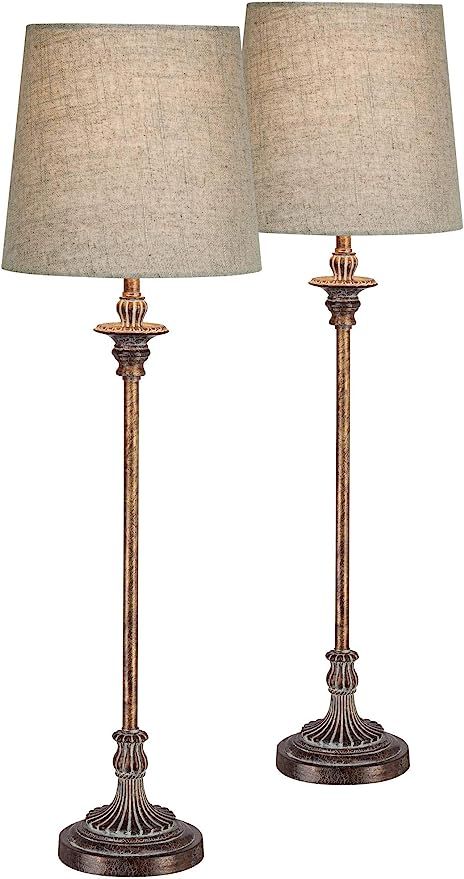 Bentley Traditional Buffet Table Lamps Set of 2 Weathered Brown Ridged Linen Fabric Drum Shade fo... | Amazon (US)