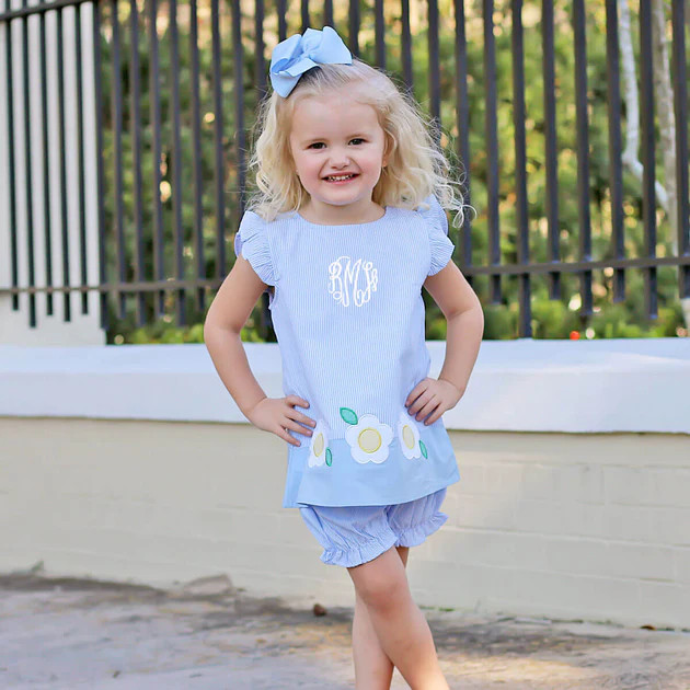 Daisy Appliqué Blue Stripe Emery Bloomer Set | Classic Whimsy