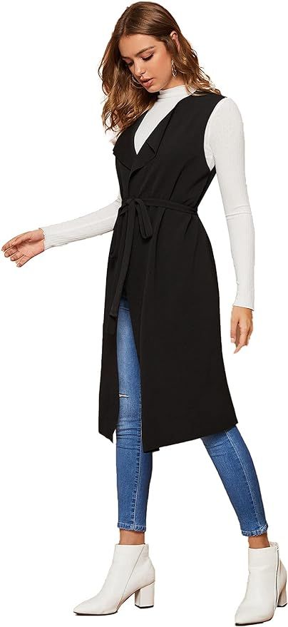 SheIn Women's Draped Open Front Sleeveless Cardigan Longline Belted Outerwear Duster Vest | Amazon (US)