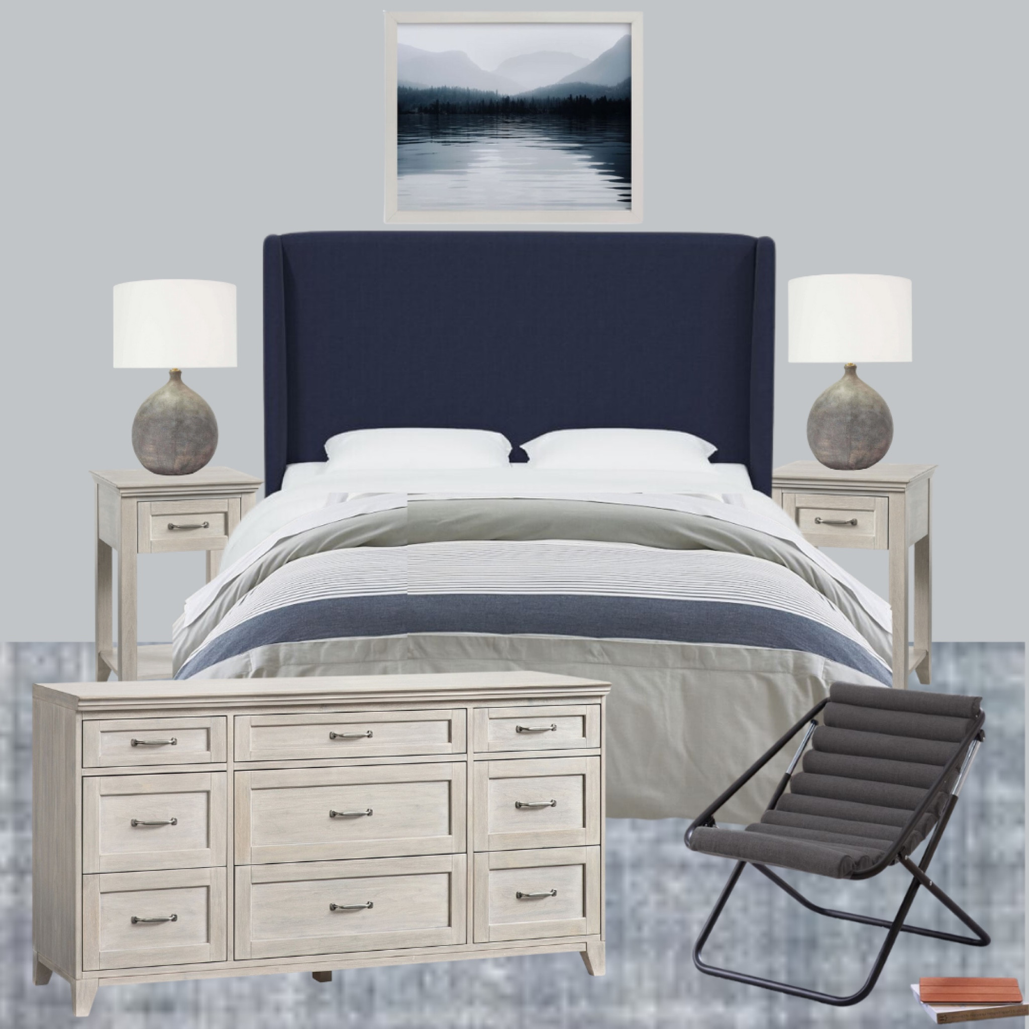 Serene boys bedroom. 
Upholstered bed. Sling back chair. Nightstands. Neutral dresser. Textured lamps. Art  

#LTKhome