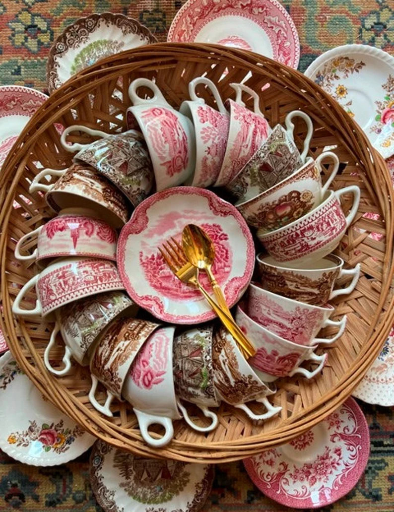 Mismatched Tea Cups Pink Or Brown Transferware Willow Ware Johnson Brothers Staffordshire Teacups... | Etsy (US)