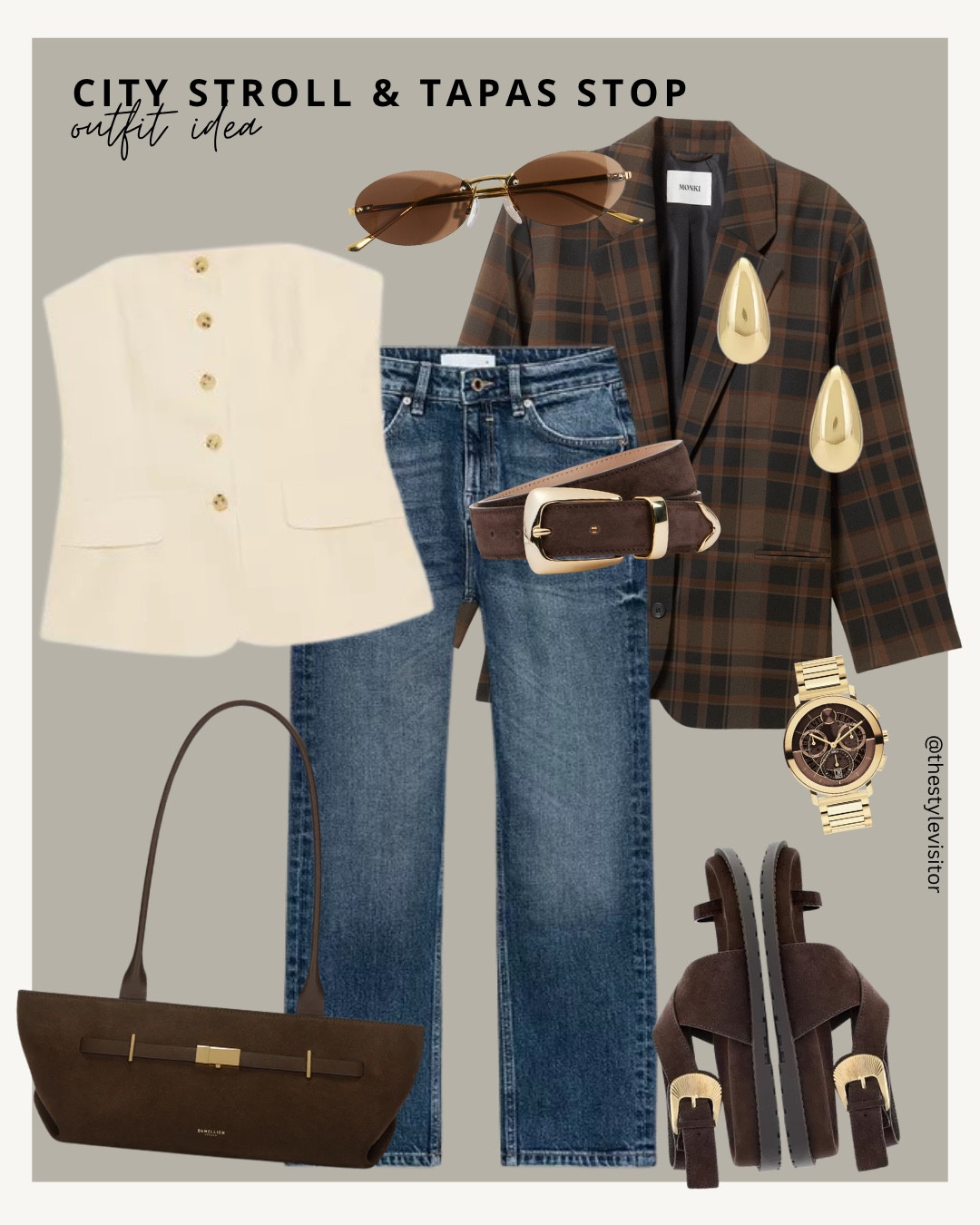 A go-to outfit for city exploring with a stylish twist 🥂 Think clean denim, a sculptural blazer, and warm-toned accessories that scream city-casual cool.

Like this post to save it to your favourite folder and come back later to shop 🛍️

Keywords: wide leg jeans, plaid blazer, gold watch, casual chic look, brown accessories, city outfit, walkable sandals, elegant layering, tapas outfit idea, cool tone neutrals, fall transition look, everyday luxury, minimal style, Zara-inspired outfit, designer dupe, style essentials, elevated casuals, walk & wine outfit, timeless layering, citywear edit

#LTKStyleTip #LTKSeasonal