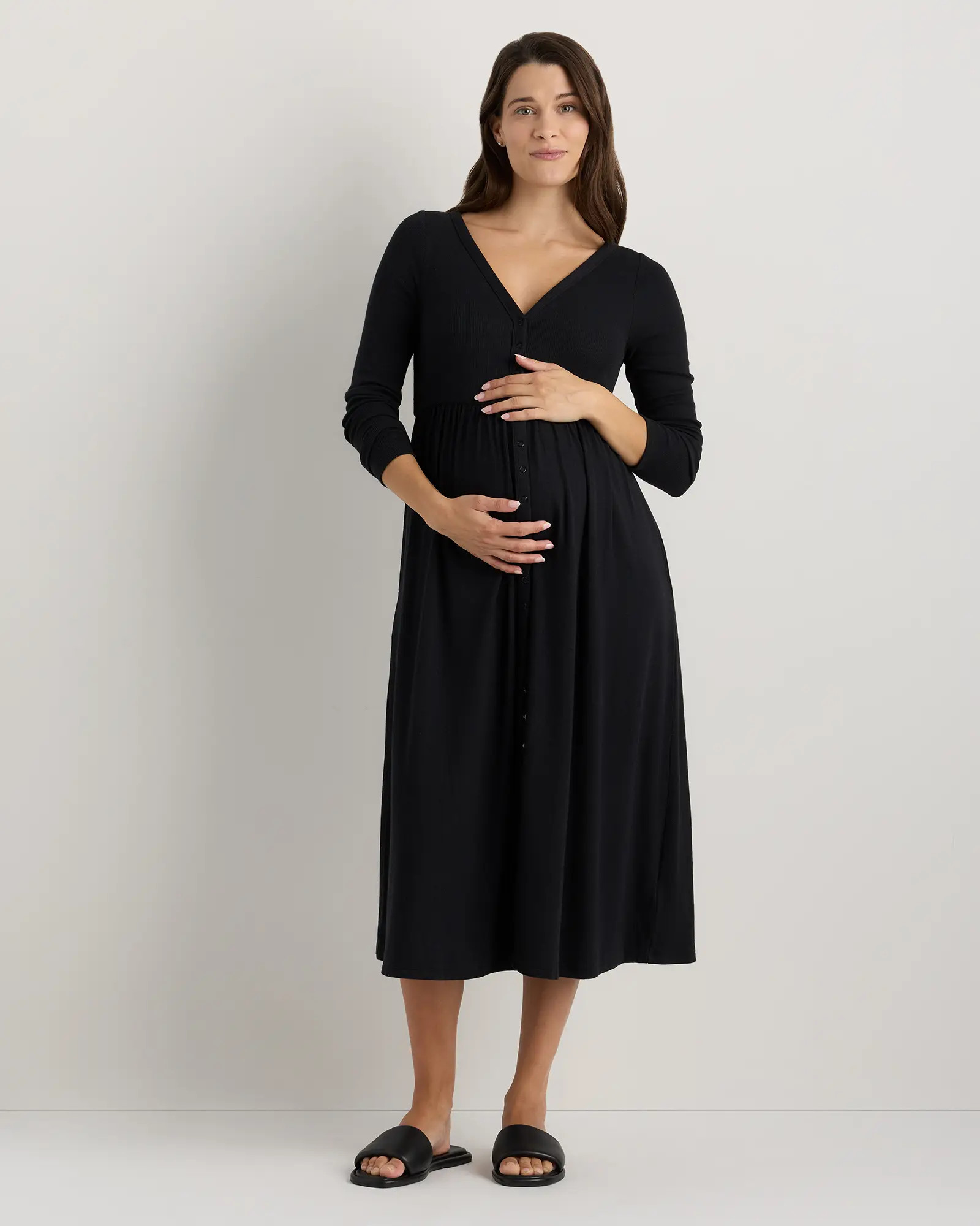 Bamboo Rib Maternity Long Sleeve Button Front Dress - Maternity in Bold Black | Quince
