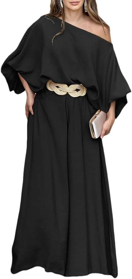 CHICME Women Summer 2 Piece Outfits Off Shoulder Lantern Sleeve Top Flowy Wide Leg Pants Set | Amazon (US)