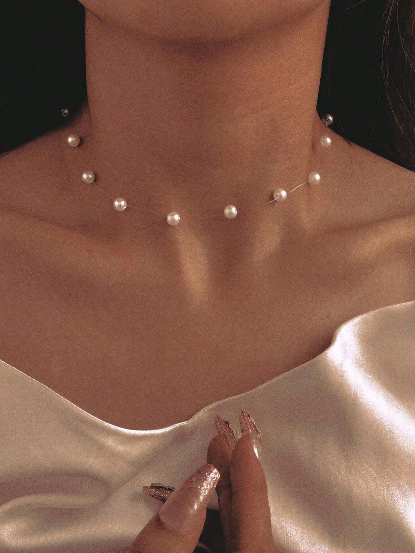 Asymmetrical Faux Pearl Necklace, Vintage French Twist Faux Pearl Collarbone Chain, All-Match Jew... | SHEIN
