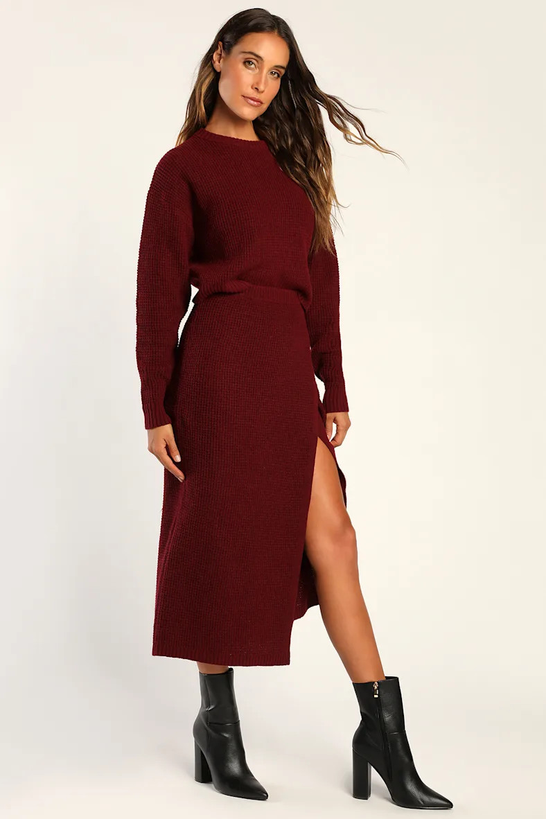 Autumn Sweetheart Burgundy Waffle Knit Two-Piece Sweater Dress | Lulus (US)