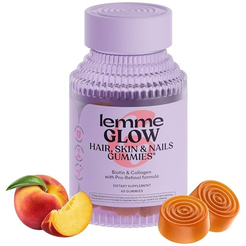 Lemme Glow Collagen Gummies for Thick Hair, Strong Nails & Healthy Skin with Multi-Collagen Peptides, Biotin, Trace Minerals, Zinc, Vitamins A, C & E, Dairy & Gluten Free, Peach Flavor, 60 ct. | Amazon (US)
