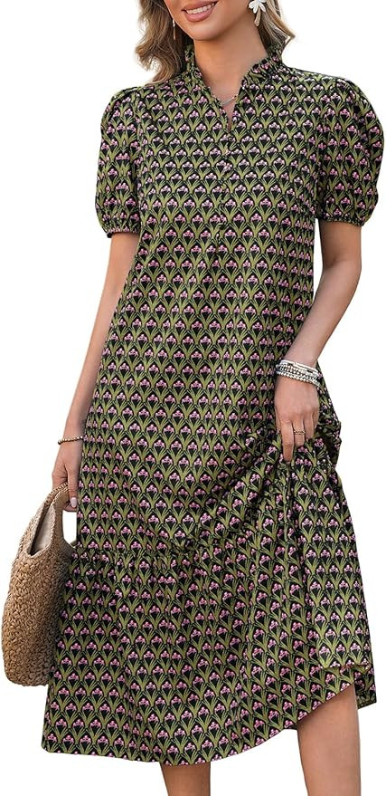 Wenrine Womens Summer Floral V Neck Puff Short Sleeve Button Maxi Dress | Amazon (US)