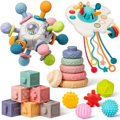 Baby Toys 6 to 12 Months, 5 In 1 Montessori Toys for 1 Year Old, Incl Travel Pull String Toy & Rattle Teether & Stacking Baby Block & Soft Infant Ring & Sensory Ball for Toddler 0-3-6-9-12 Month | Amazon (US)