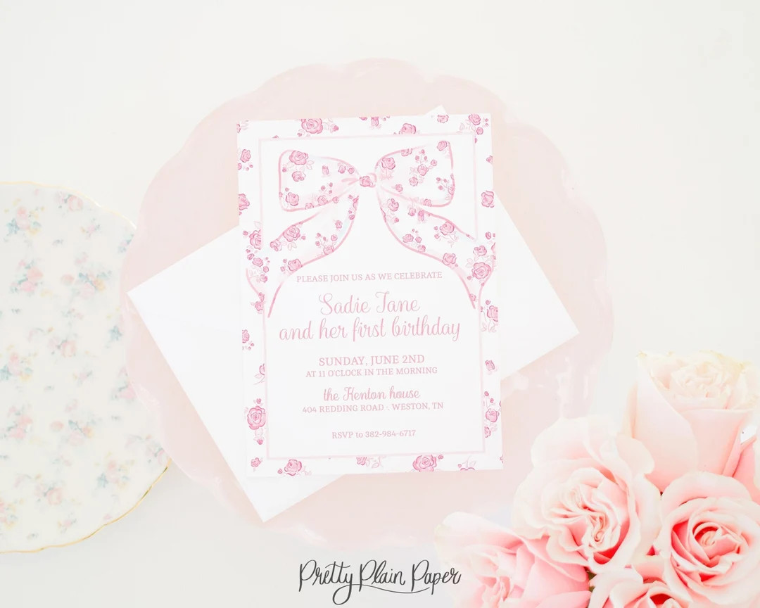 Watercolor Pink Bow Invitation With Pink Floral Print Border 5x7 Printable First 1st Birthday Pin... | Etsy (US)