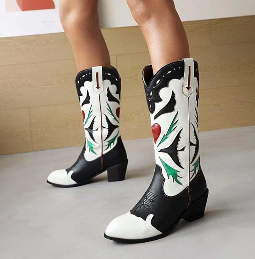 Women Butterfly Embroidery Western Cowboy Boots,Sewing Floral Chunky Heel Slip on Knight Boots,Retro Pointed Toe Plush Lining Mid Calf Boots | Amazon (US)