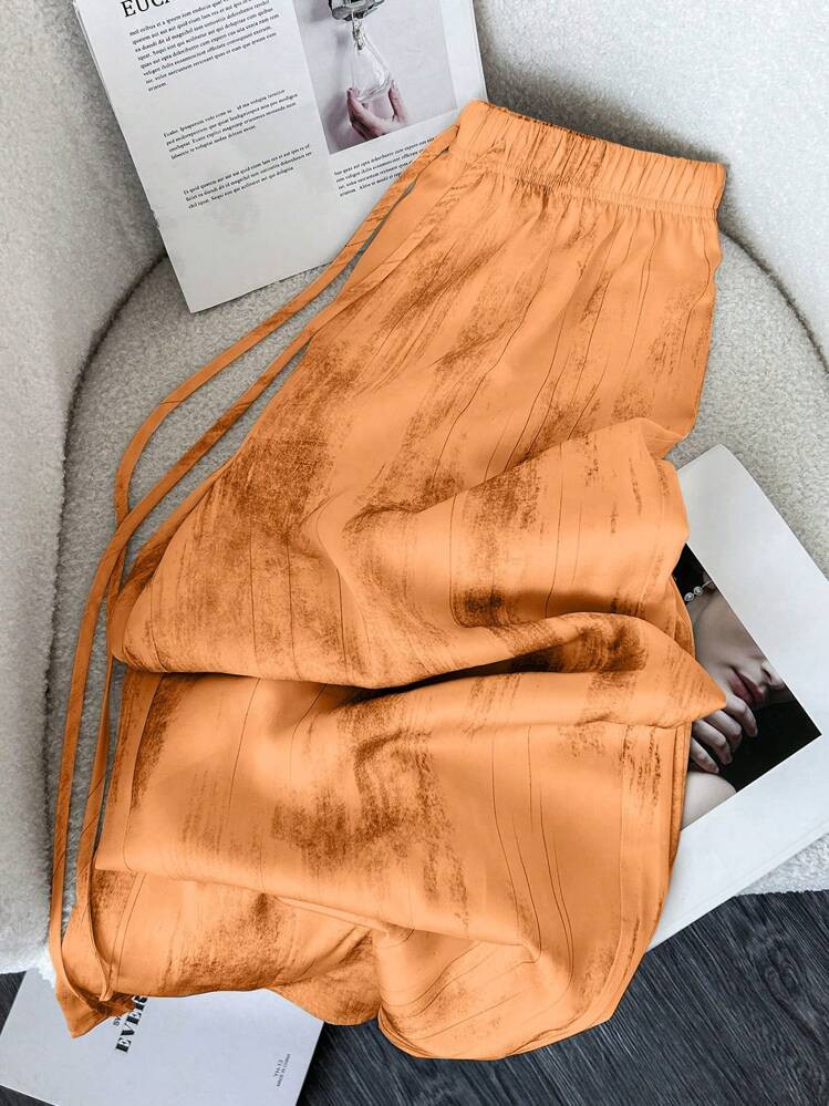 SHEIN LUNE Ink Painting Chiffon Satin Smudge Mountain Print Wide Leg Pants Fall Cloth For Women | SHEIN