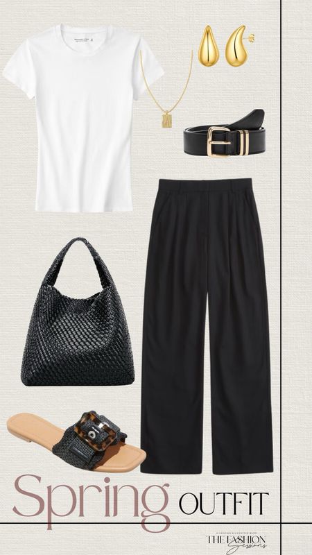Spring Outfit | Tailored Pant | White T Shirt | Black Sandal | Woven Bag | 

#LTKstyletip #LTKshoecrush #LTKSeasonal