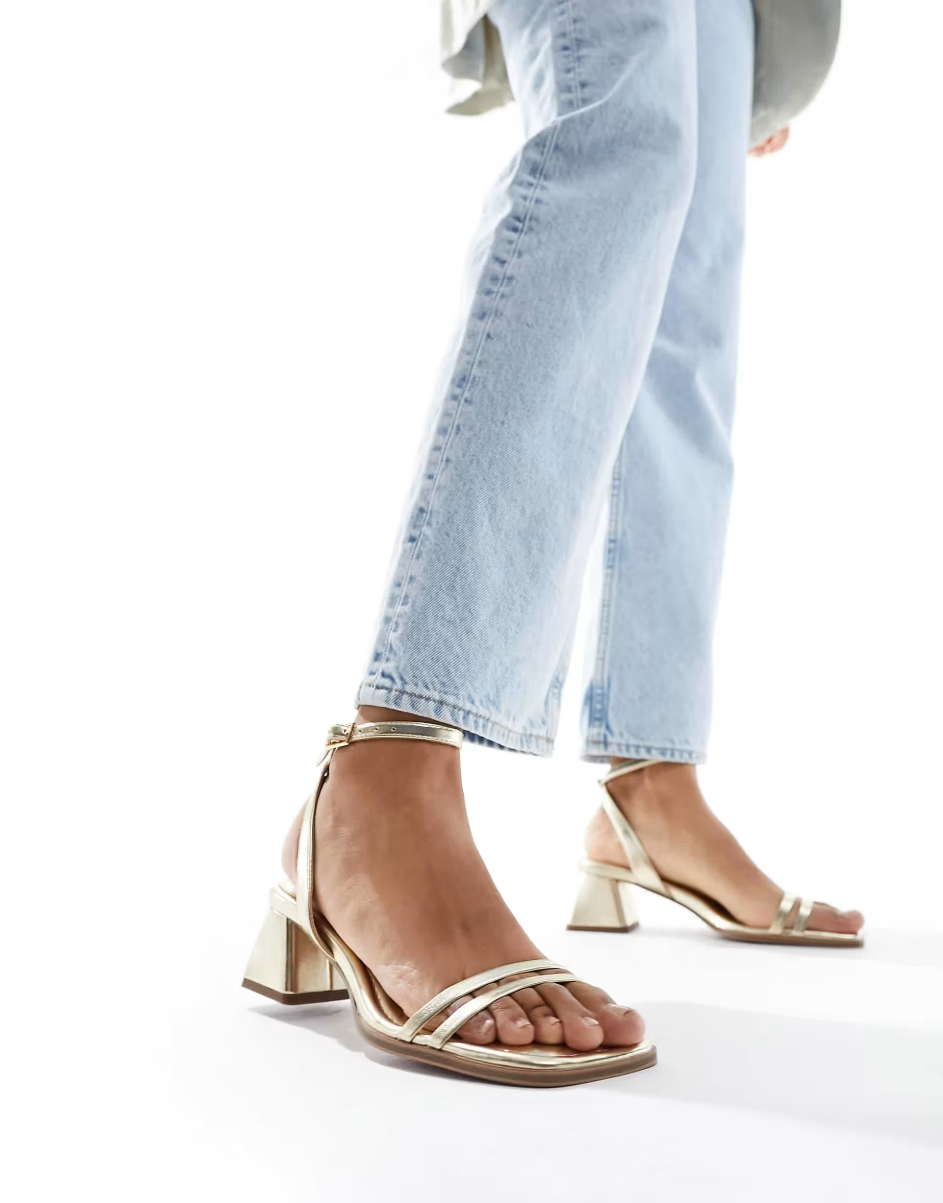 ASOS DESIGN Wide Fit Honeydew mid block heeled sandals in gold | ASOS | ASOS (Global)