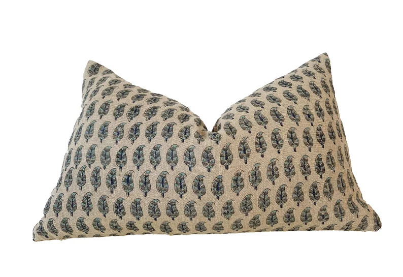 Block print linen pillow, natural color and blue /gray color floral lumbar pillow 12x20”14x20... | Etsy (US)