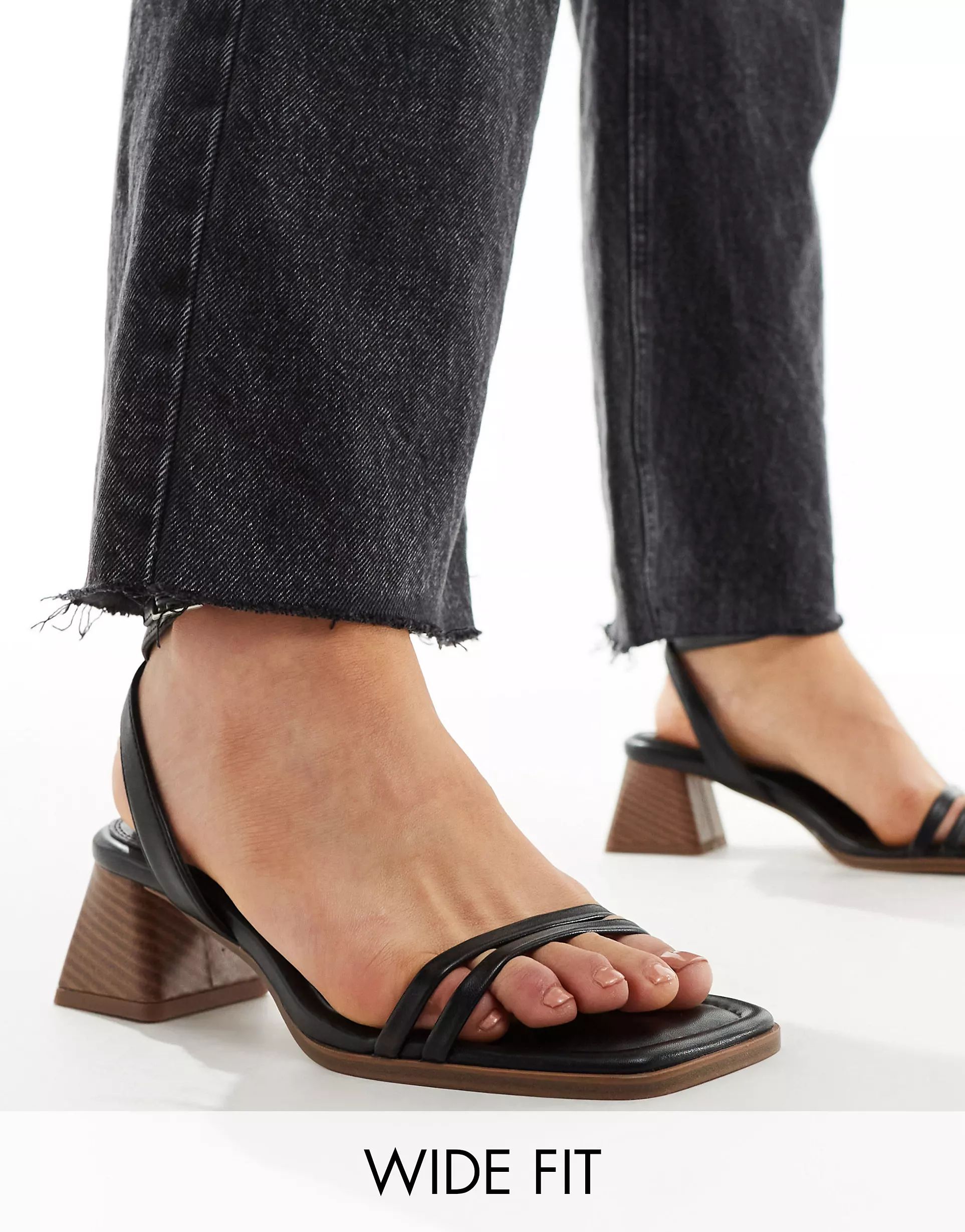 ASOS DESIGN Wide Fit Honeydew mid block heeled sandals in black | ASOS (Global)